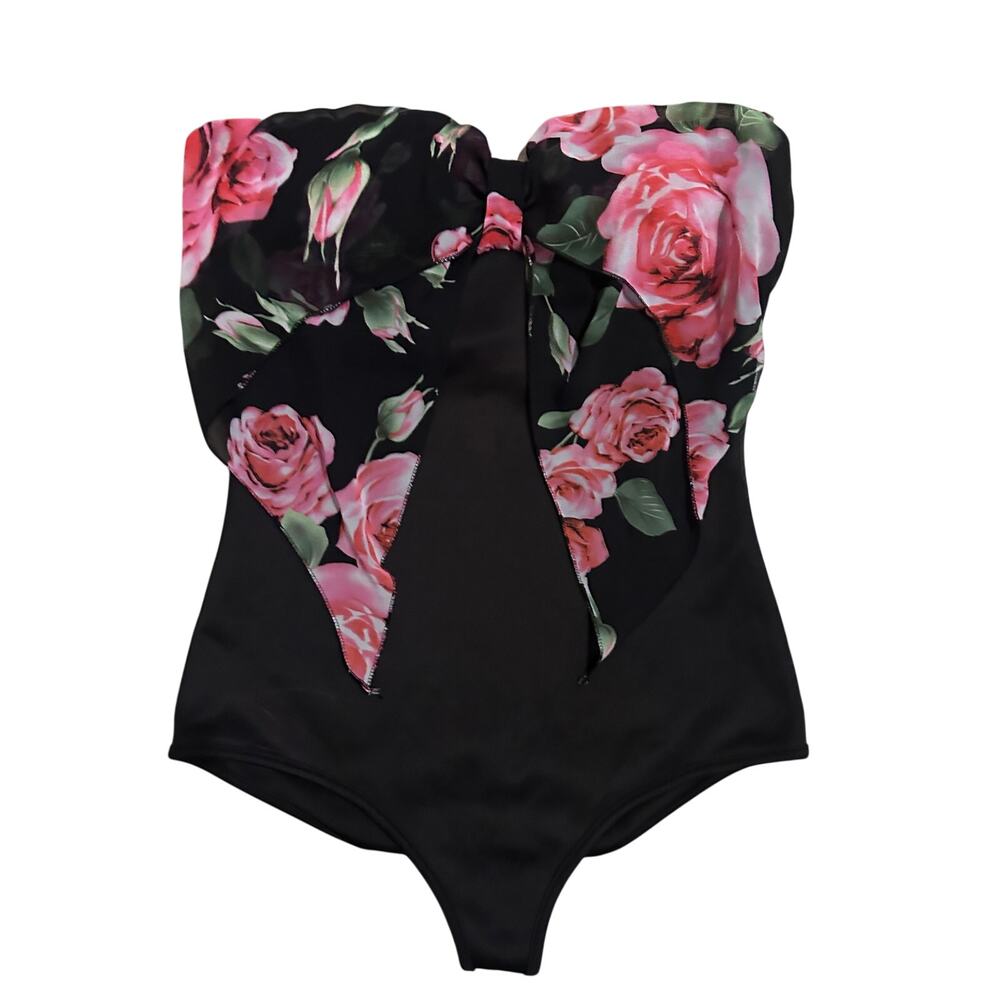 JANICE APPAREL PRINTED FLORAL FLOWER ROSES BODYSUIT - BLACK - MEDIUM